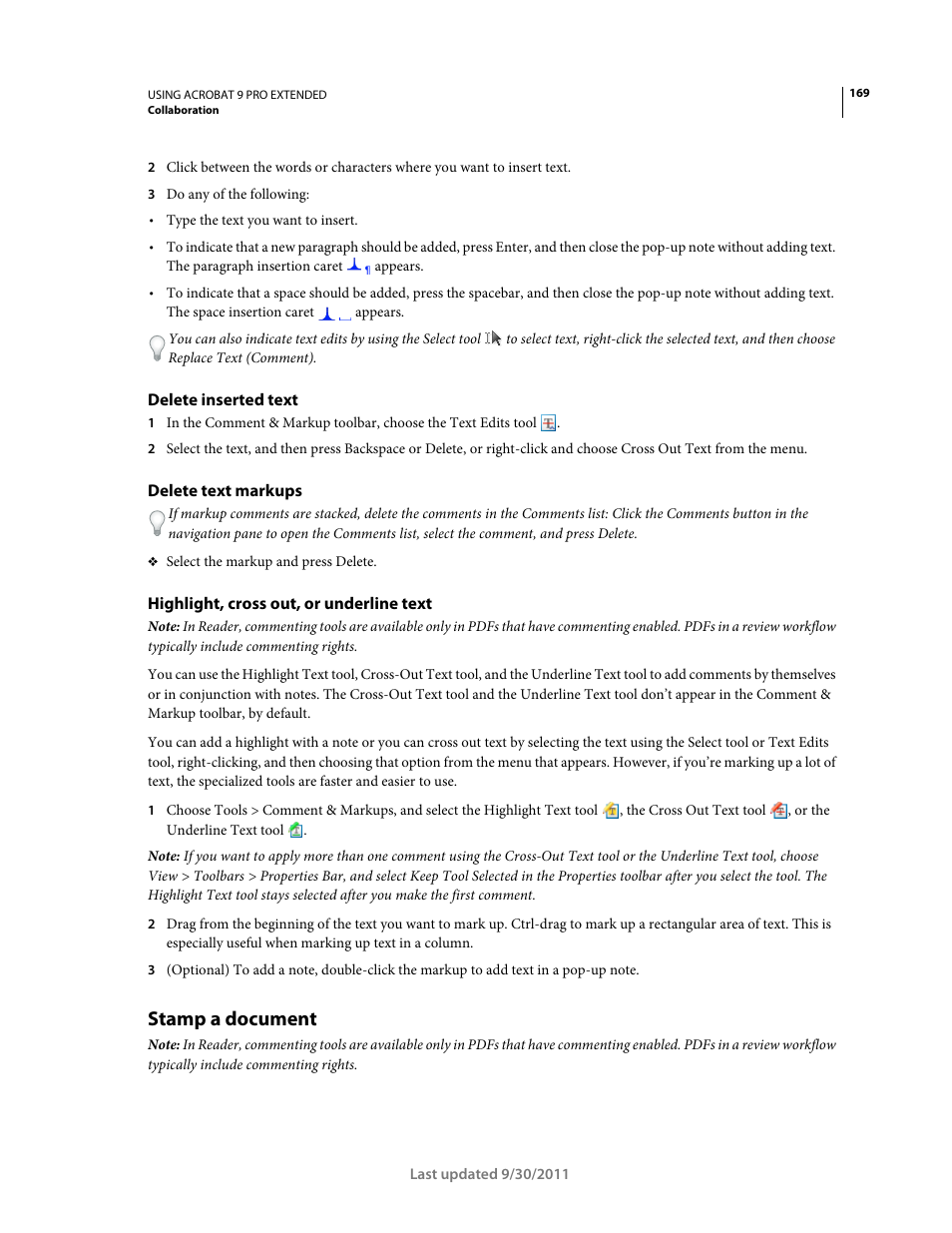 Delete inserted text, Delete text markups, Highlight, cross out, or underline text | Stamp a document | Adobe Acrobat 9 PRO Extended User Manual | Page 175 / 546