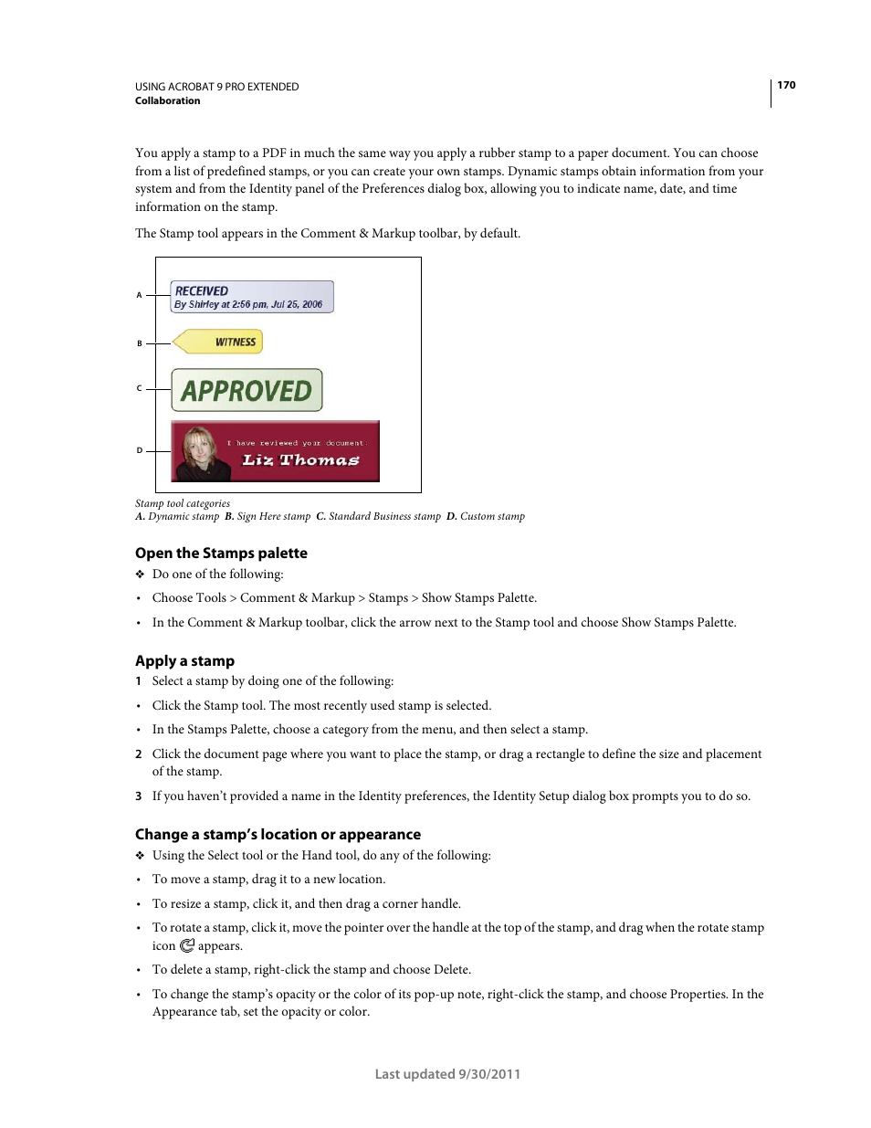 Open the stamps palette, Apply a stamp, Change a stamp’s location or appearance | Adobe Acrobat 9 PRO Extended User Manual | Page 176 / 546