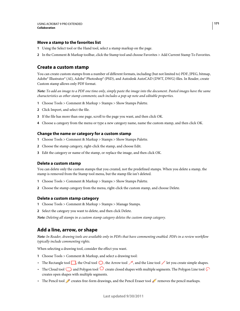 Move a stamp to the favorites list, Create a custom stamp, Change the name or category for a custom stamp | Delete a custom stamp, Delete a custom stamp category, Add a line, arrow, or shape | Adobe Acrobat 9 PRO Extended User Manual | Page 177 / 546