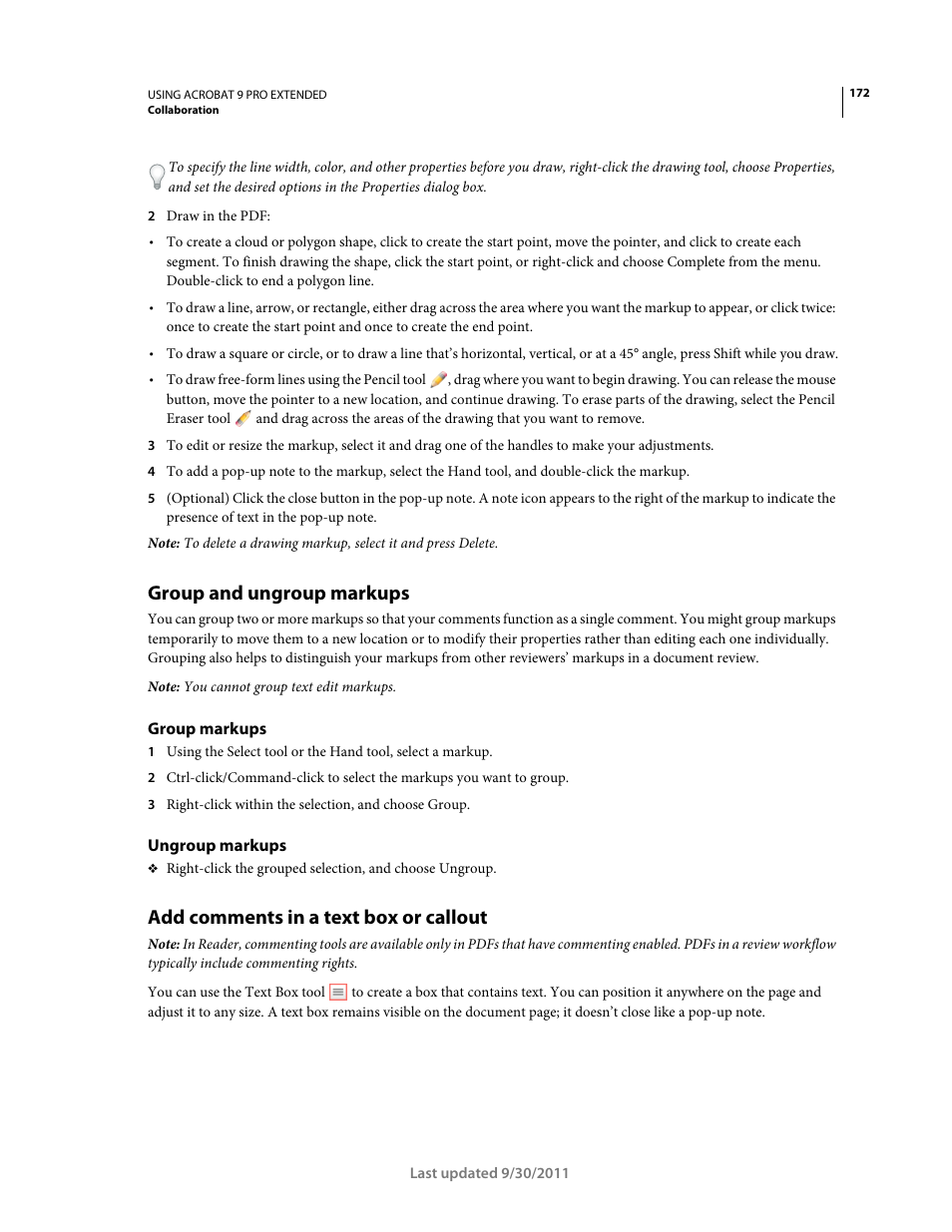 Group and ungroup markups, Group markups, Ungroup markups | Add comments in a text box or callout | Adobe Acrobat 9 PRO Extended User Manual | Page 178 / 546