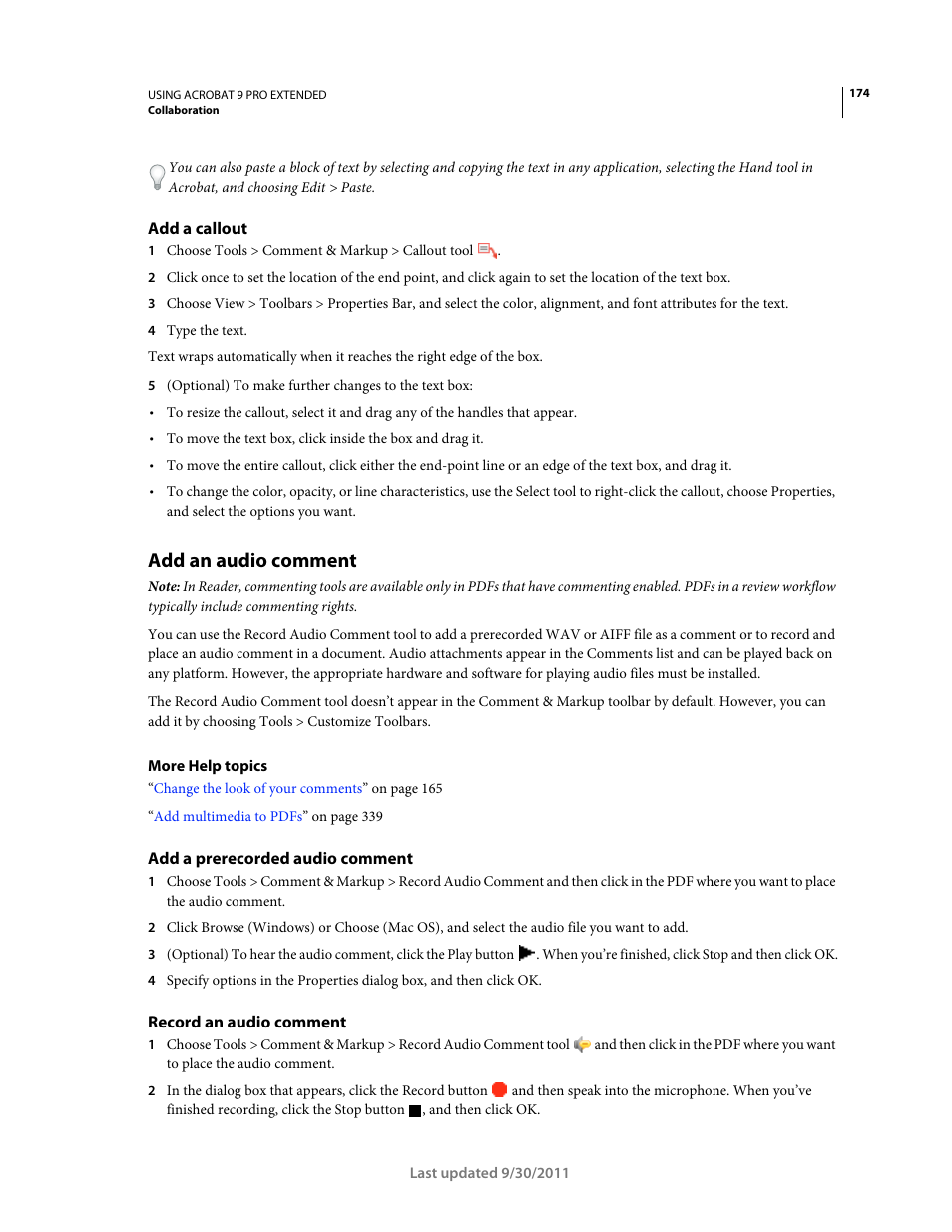 Add a callout, Add an audio comment, Add a prerecorded audio comment | Record an audio comment | Adobe Acrobat 9 PRO Extended User Manual | Page 180 / 546