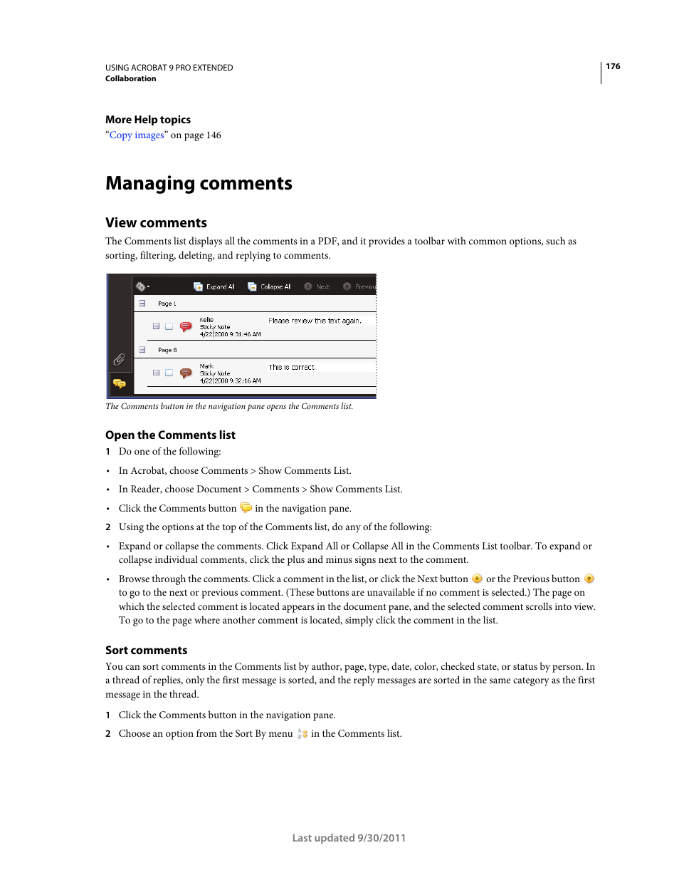 Managing comments, View comments, Open the comments list | Sort comments | Adobe Acrobat 9 PRO Extended User Manual | Page 182 / 546