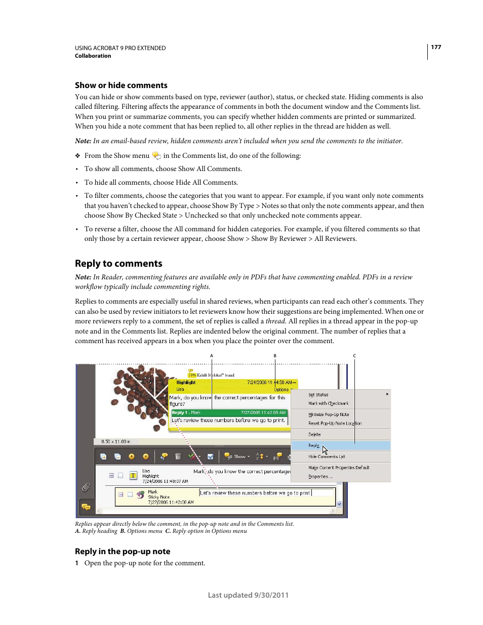 Show or hide comments, Reply to comments, Reply in the pop-up note | Adobe Acrobat 9 PRO Extended User Manual | Page 183 / 546