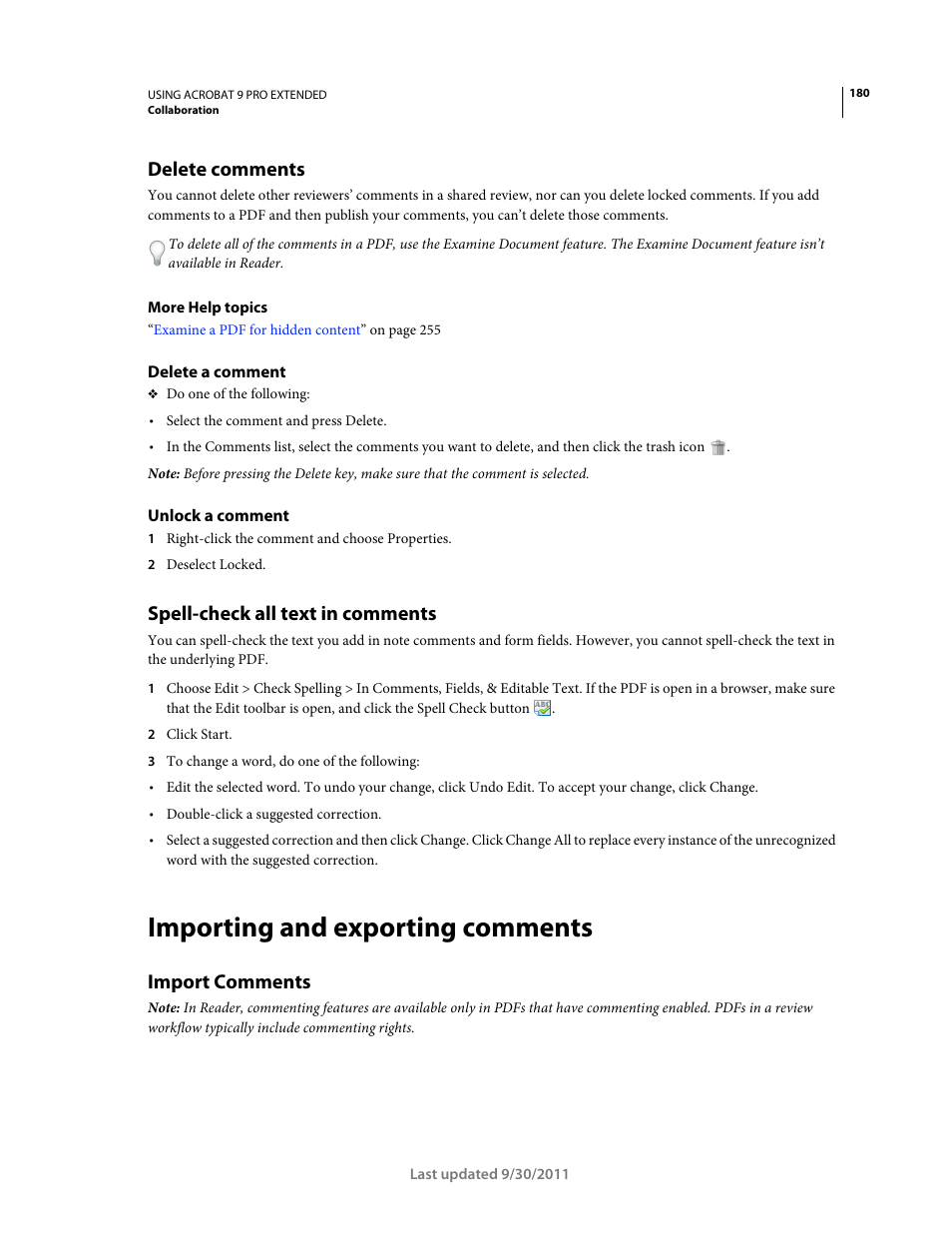 Delete comments, Delete a comment, Unlock a comment | Spell-check all text in comments, Importing and exporting comments, Import comments | Adobe Acrobat 9 PRO Extended User Manual | Page 186 / 546