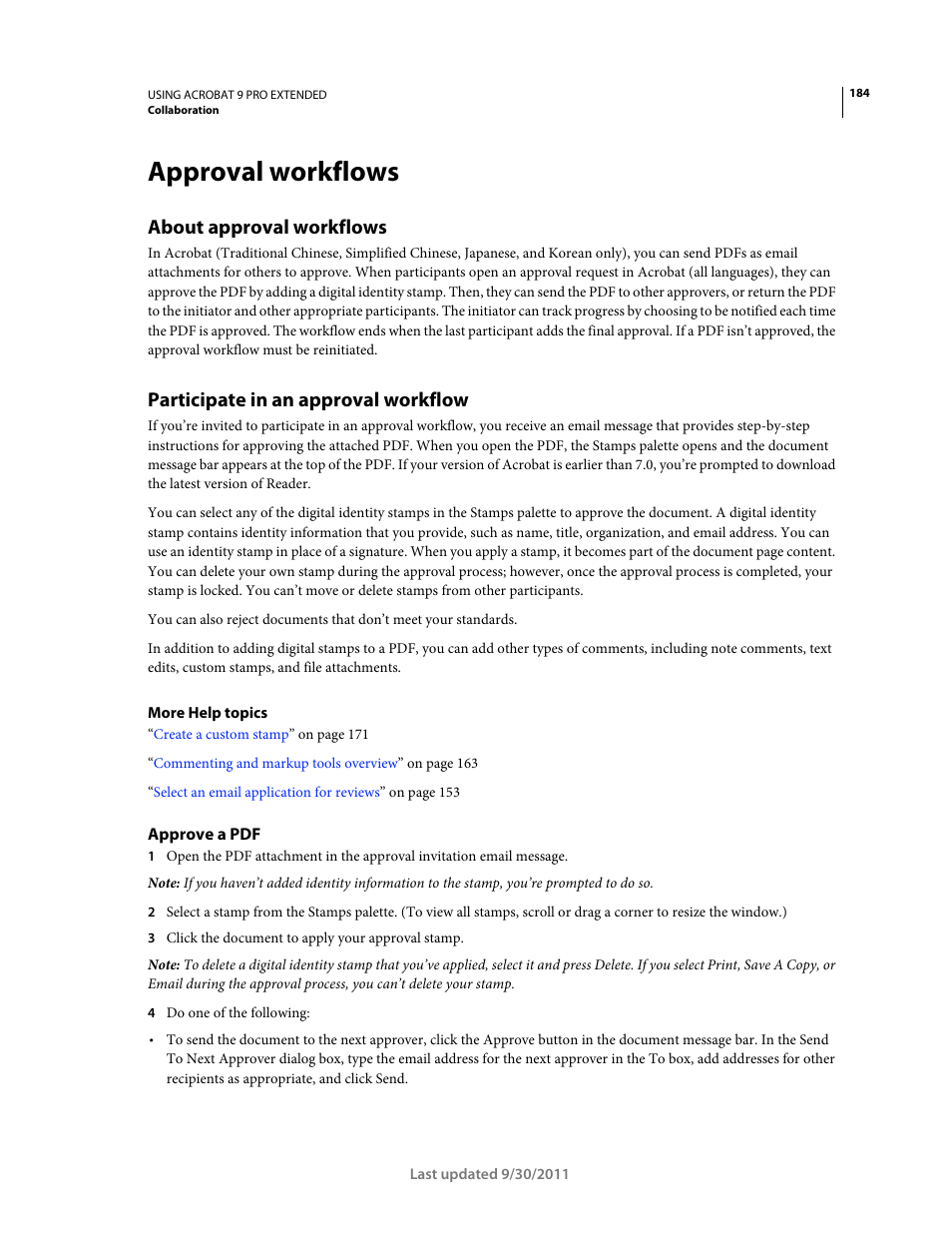 Approval workflows, About approval workflows, Participate in an approval workflow | Approve a pdf | Adobe Acrobat 9 PRO Extended User Manual | Page 190 / 546