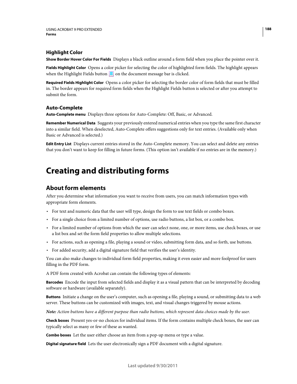 Highlight color, Auto-complete, Creating and distributing forms | About form elements | Adobe Acrobat 9 PRO Extended User Manual | Page 194 / 546