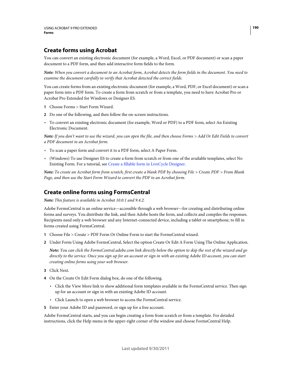 Create forms using acrobat, Create online forms using formscentral, Completed them. see | Create online forms, Using formscentral | Adobe Acrobat 9 PRO Extended User Manual | Page 196 / 546