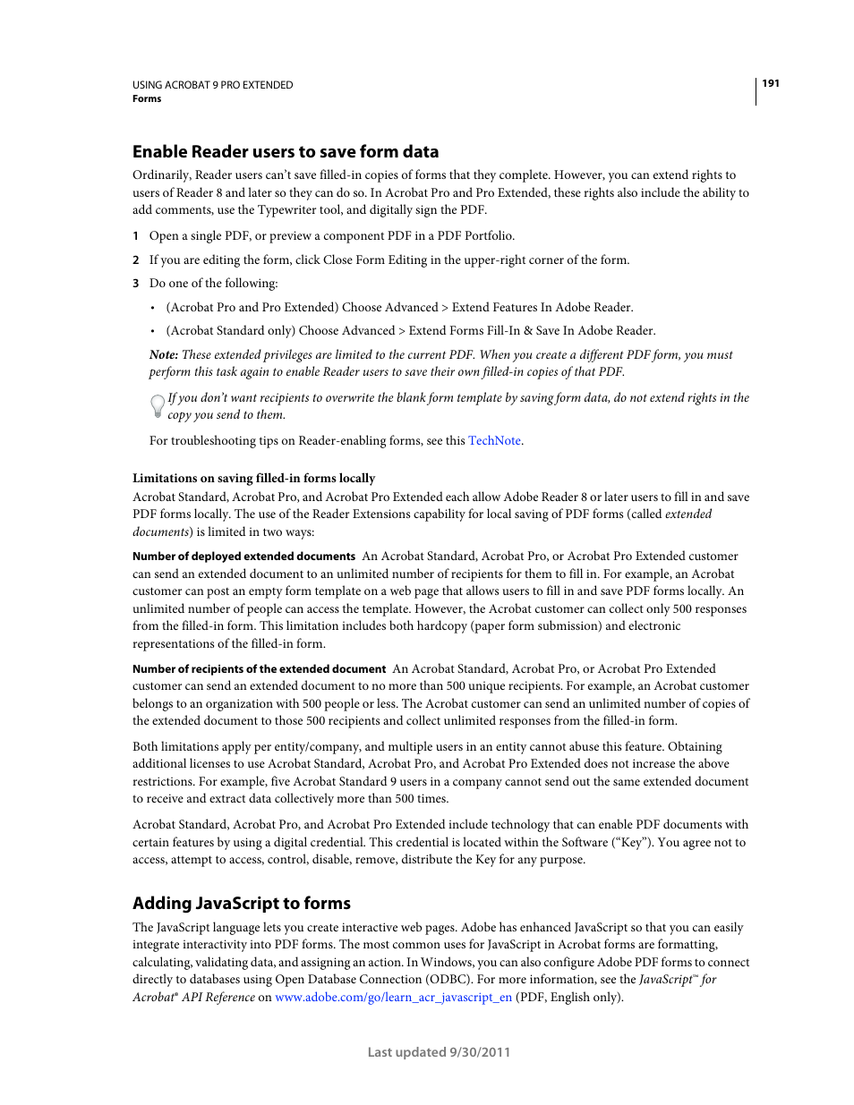 Enable reader users to save form data, Adding javascript to forms | Adobe Acrobat 9 PRO Extended User Manual | Page 197 / 546