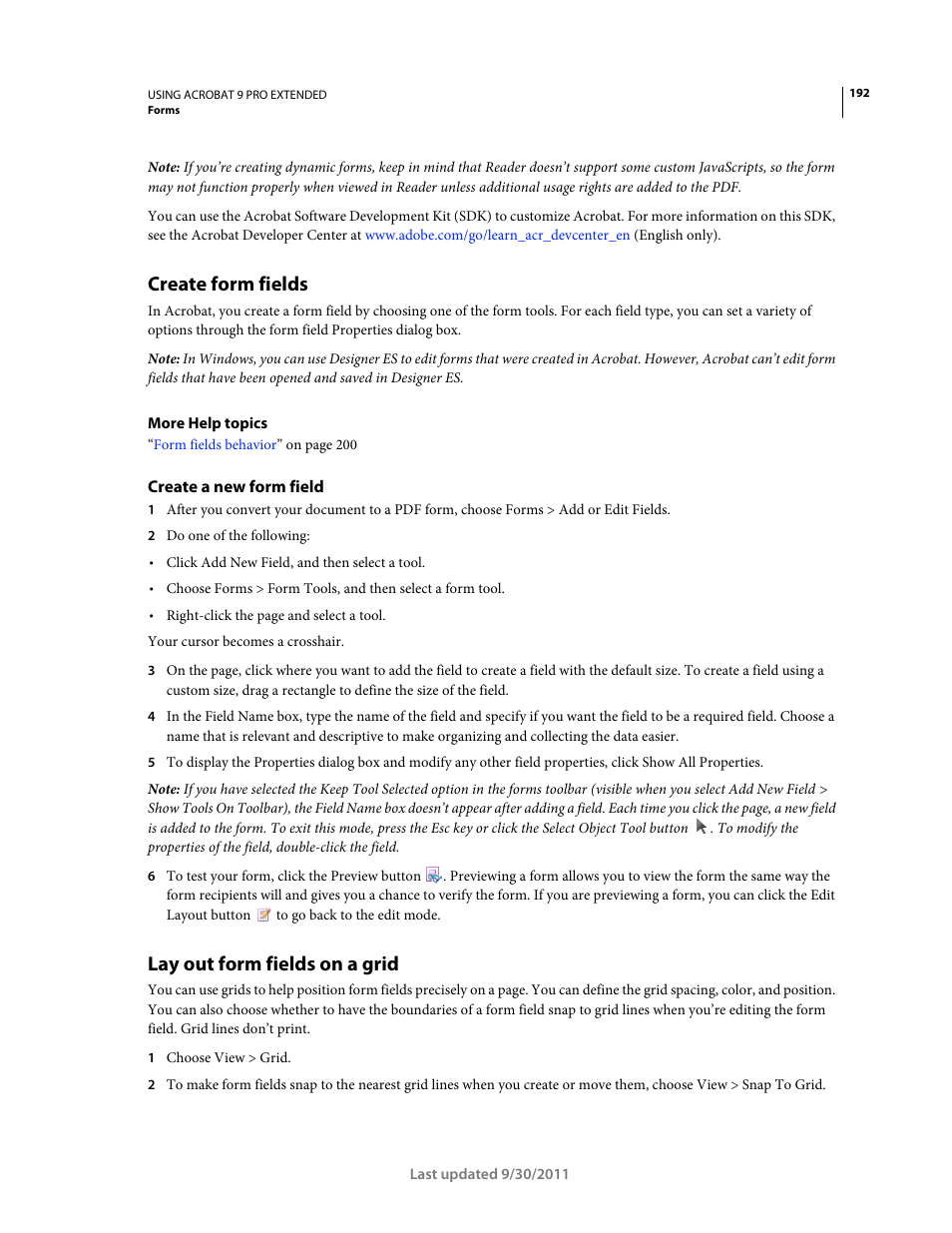 Create form fields, Create a new form field, Lay out form fields on a grid | Adobe Acrobat 9 PRO Extended User Manual | Page 198 / 546