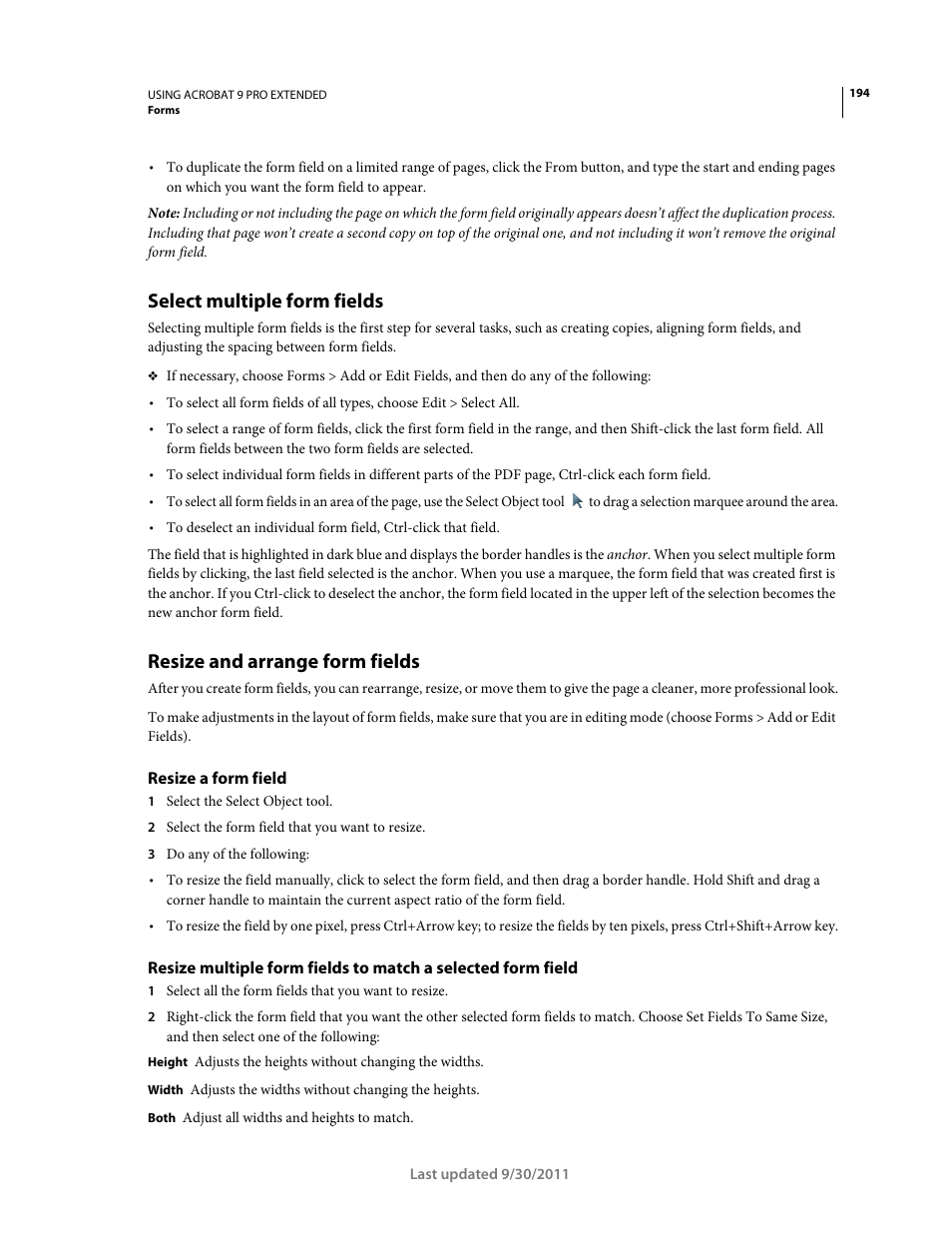 Select multiple form fields, Resize and arrange form fields, Resize a form field | Adobe Acrobat 9 PRO Extended User Manual | Page 200 / 546