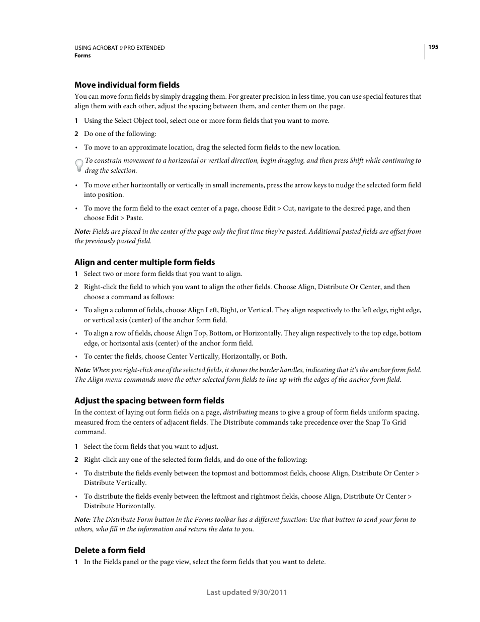 Move individual form fields, Align and center multiple form fields, Adjust the spacing between form fields | Delete a form field | Adobe Acrobat 9 PRO Extended User Manual | Page 201 / 546