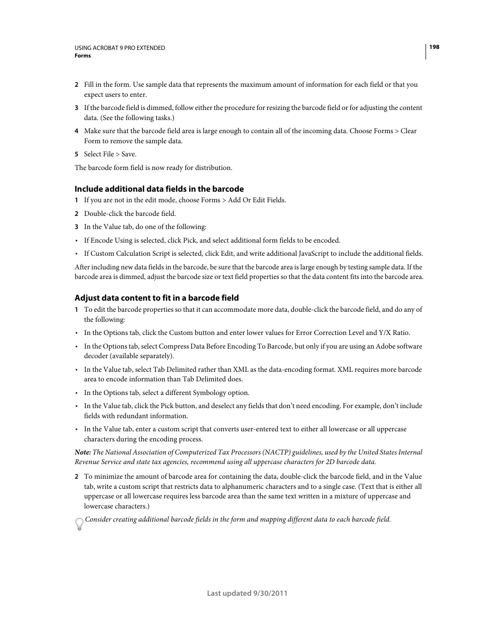 Include additional data fields in the barcode, Adjust data content to fit in a barcode field | Adobe Acrobat 9 PRO Extended User Manual | Page 204 / 546