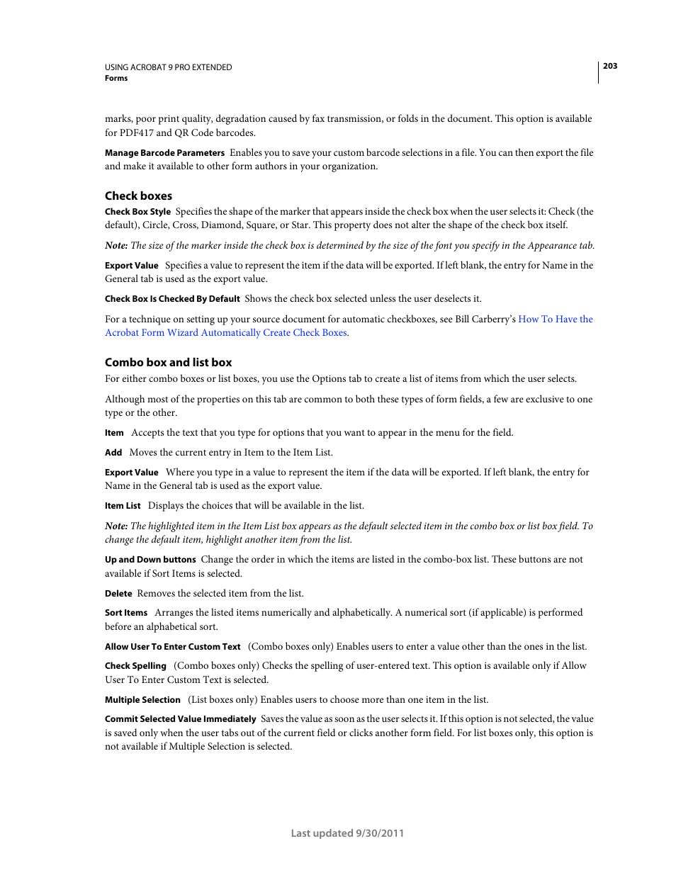 Check boxes, Combo box and list box | Adobe Acrobat 9 PRO Extended User Manual | Page 209 / 546