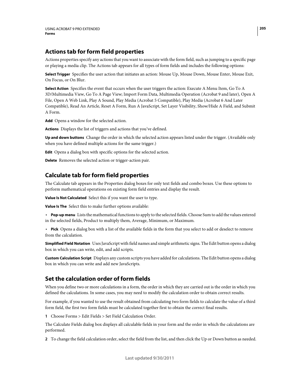 Actions tab for form field properties, Calculate tab for form field properties, Set the calculation order of form fields | Adobe Acrobat 9 PRO Extended User Manual | Page 211 / 546