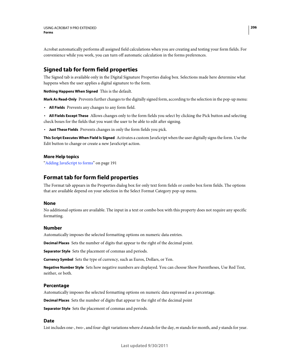 Signed tab for form field properties, Format tab for form field properties, None | Number, Percentage, Date | Adobe Acrobat 9 PRO Extended User Manual | Page 212 / 546