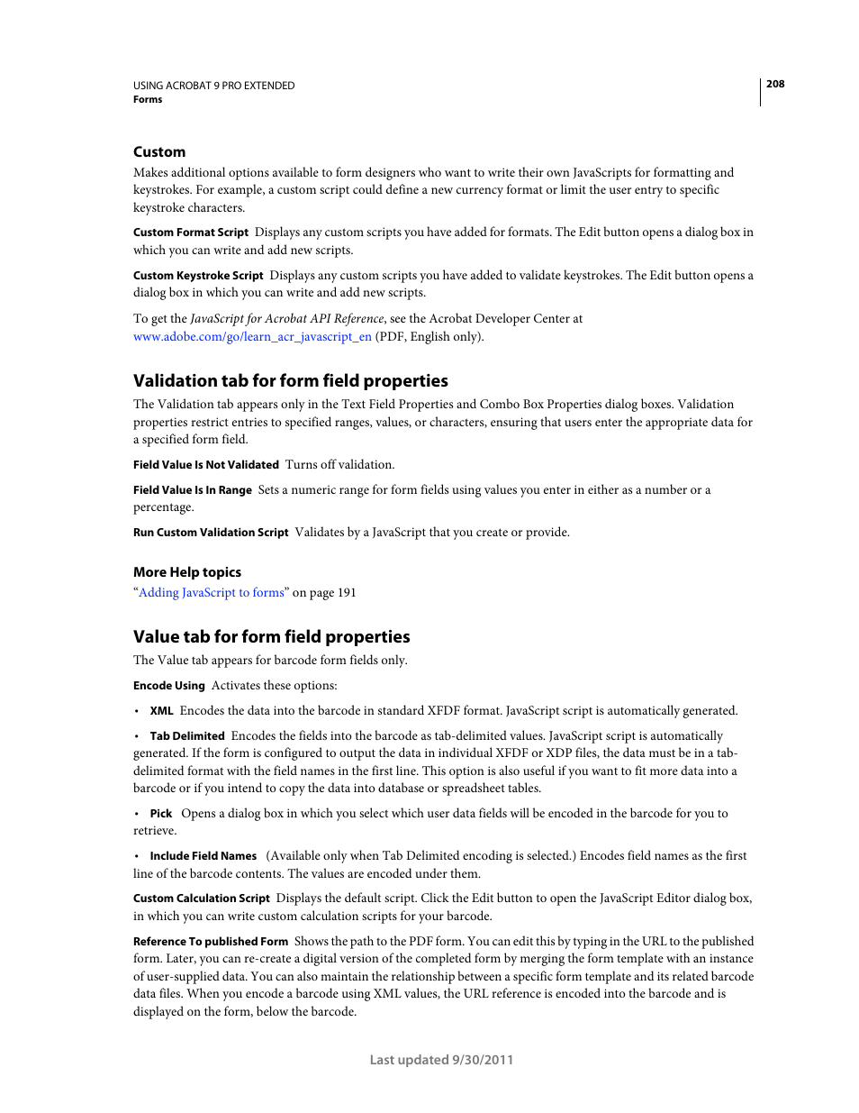 Custom, Validation tab for form field properties, Value tab for form field properties | Adobe Acrobat 9 PRO Extended User Manual | Page 214 / 546