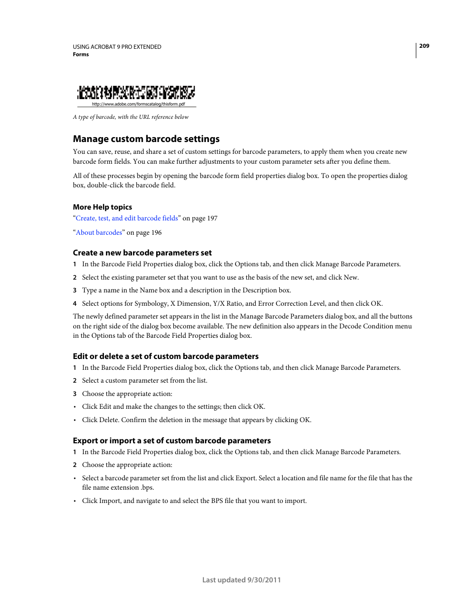 Manage custom barcode settings, Create a new barcode parameters set, Edit or delete a set of custom barcode parameters | Adobe Acrobat 9 PRO Extended User Manual | Page 215 / 546