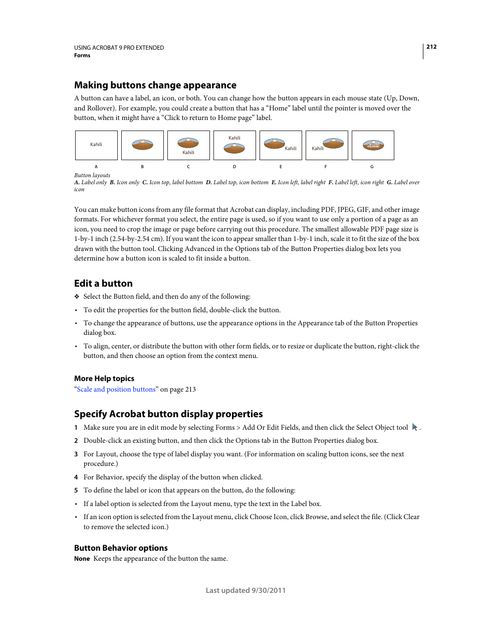 Making buttons change appearance, Edit a button, Specify acrobat button display properties | Button behavior options | Adobe Acrobat 9 PRO Extended User Manual | Page 218 / 546