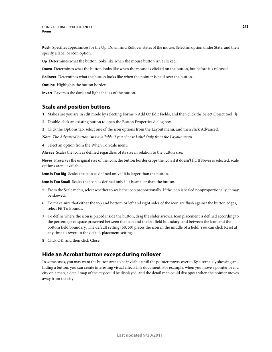 Scale and position buttons, Hide an acrobat button except during rollover | Adobe Acrobat 9 PRO Extended User Manual | Page 219 / 546