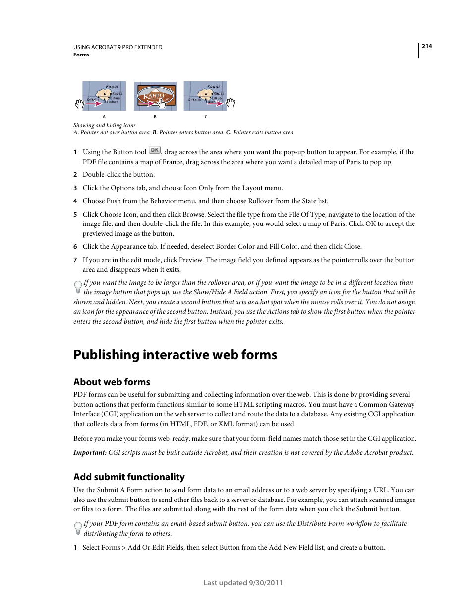 Publishing interactive web forms, About web forms, Add submit functionality | Adobe Acrobat 9 PRO Extended User Manual | Page 220 / 546