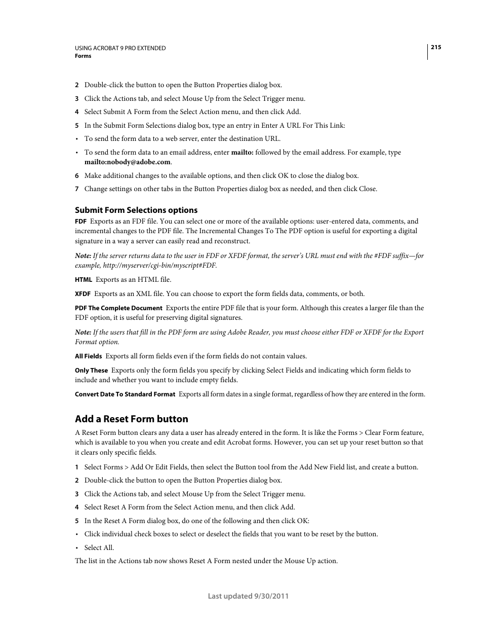 Submit form selections options, Add a reset form button | Adobe Acrobat 9 PRO Extended User Manual | Page 221 / 546