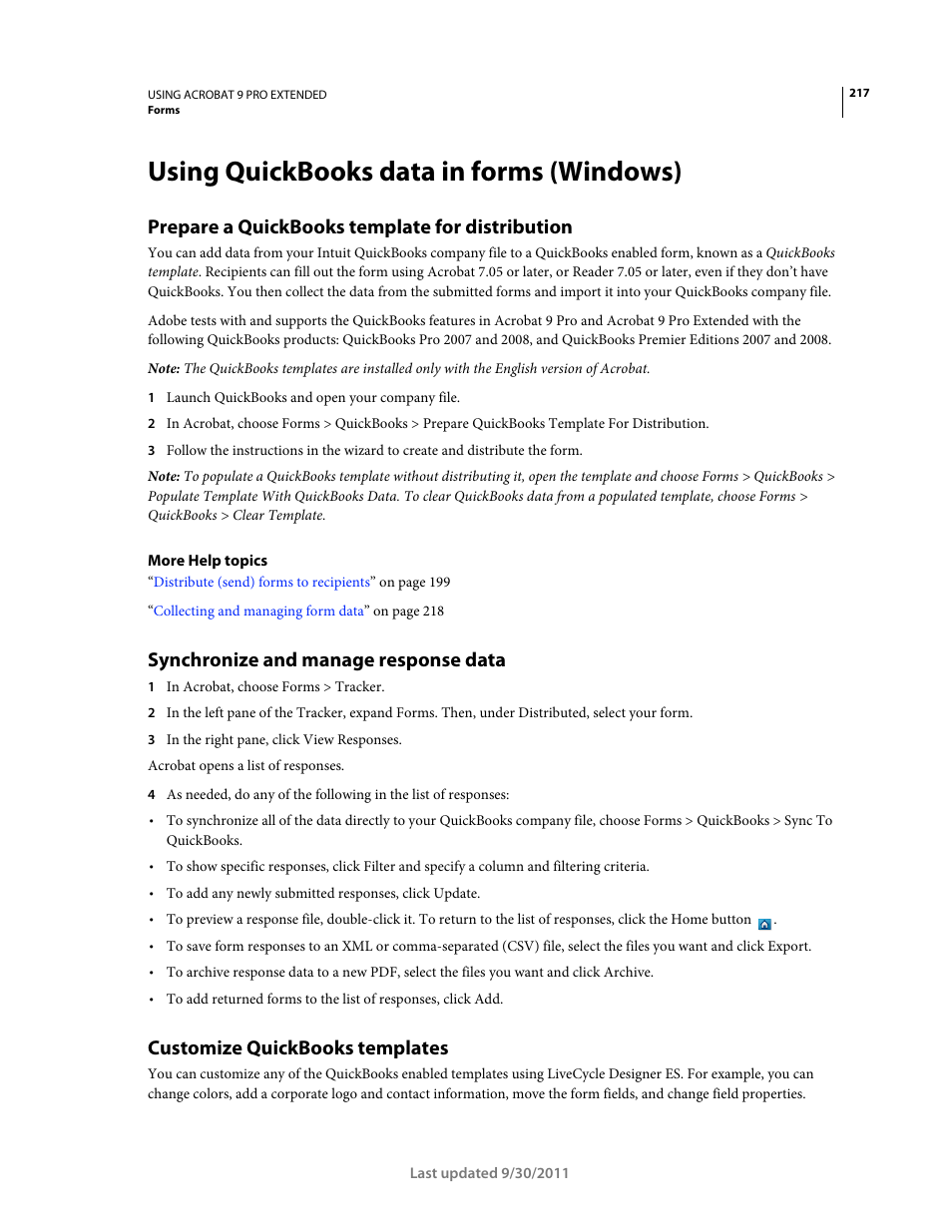 Using quickbooks data in forms (windows), Prepare a quickbooks template for distribution, Synchronize and manage response data | Customize quickbooks templates | Adobe Acrobat 9 PRO Extended User Manual | Page 223 / 546