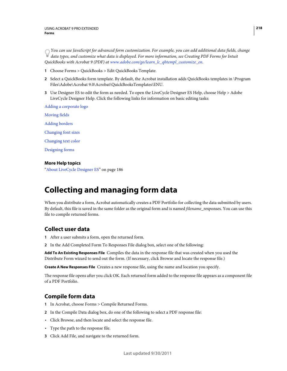 Collecting and managing form data, Collect user data, Compile form data | Adobe Acrobat 9 PRO Extended User Manual | Page 224 / 546