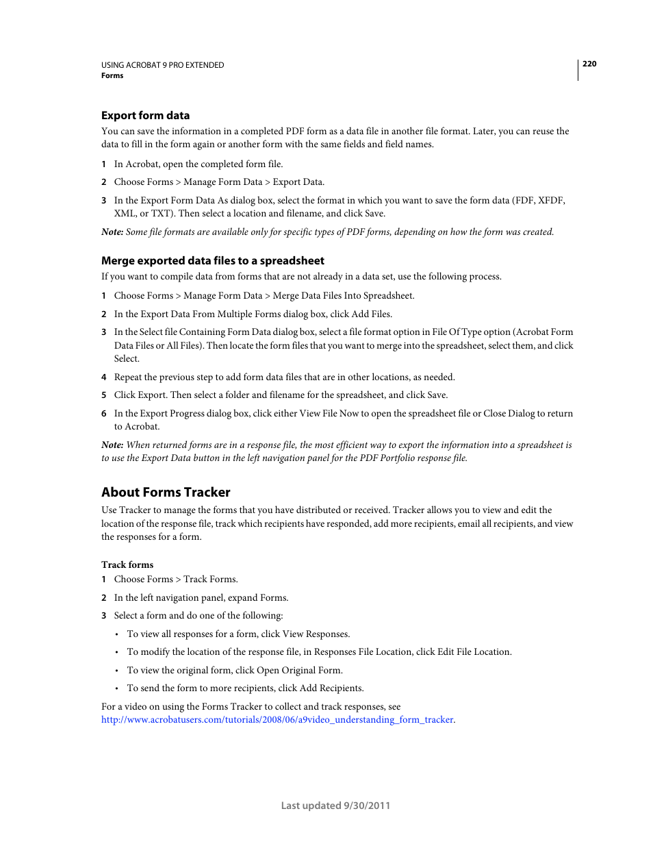 Export form data, Merge exported data files to a spreadsheet, About forms tracker | About forms, Tracker | Adobe Acrobat 9 PRO Extended User Manual | Page 226 / 546