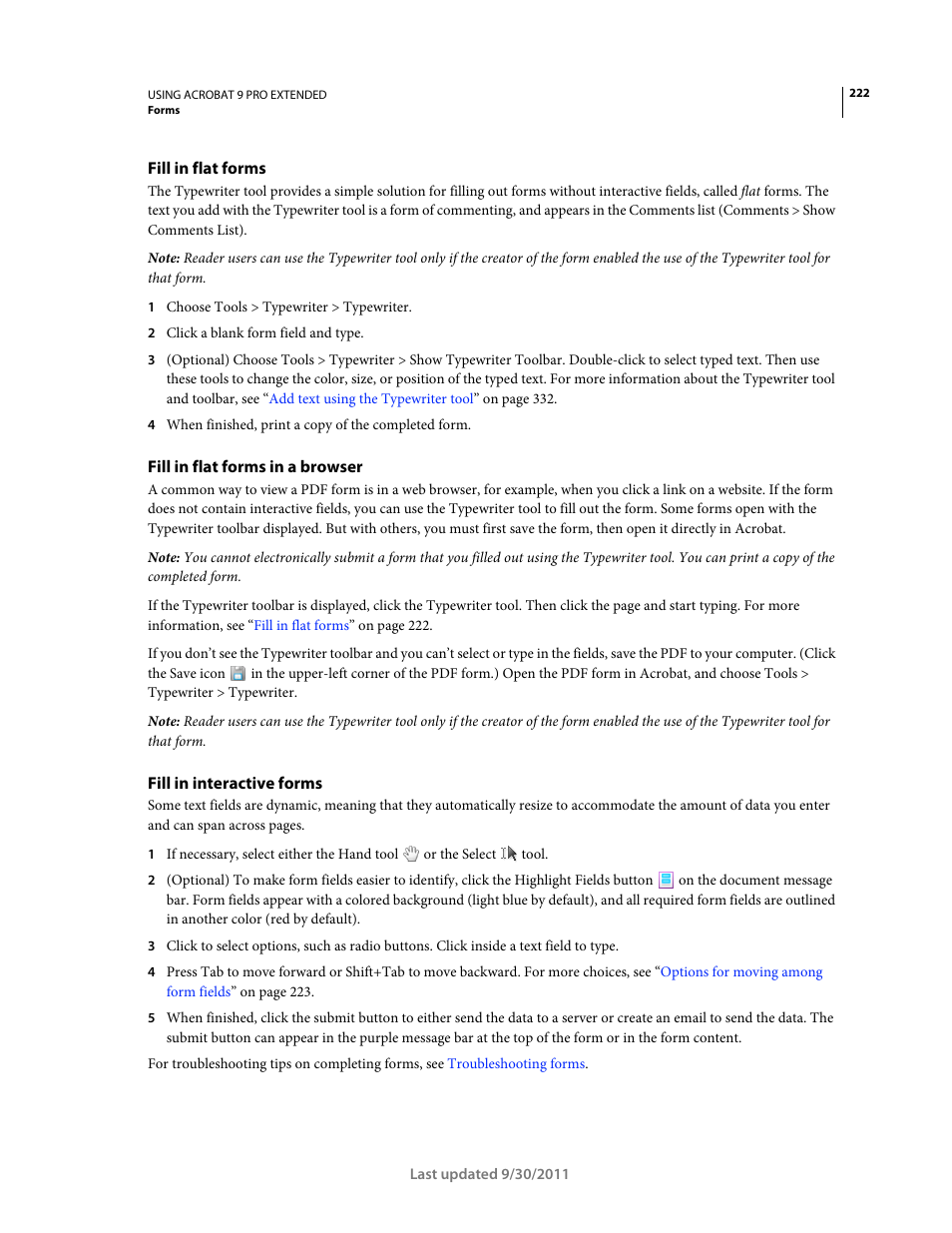 Fill in flat forms, Fill in flat forms in a browser, Fill in interactive forms | Adobe Acrobat 9 PRO Extended User Manual | Page 228 / 546