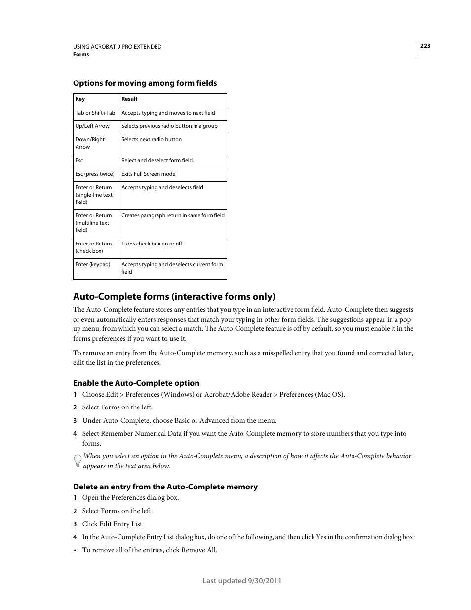 Options for moving among form fields, Auto-complete forms (interactive forms only), Enable the auto-complete option | Delete an entry from the auto-complete memory, Options for moving among, Form fields | Adobe Acrobat 9 PRO Extended User Manual | Page 229 / 546