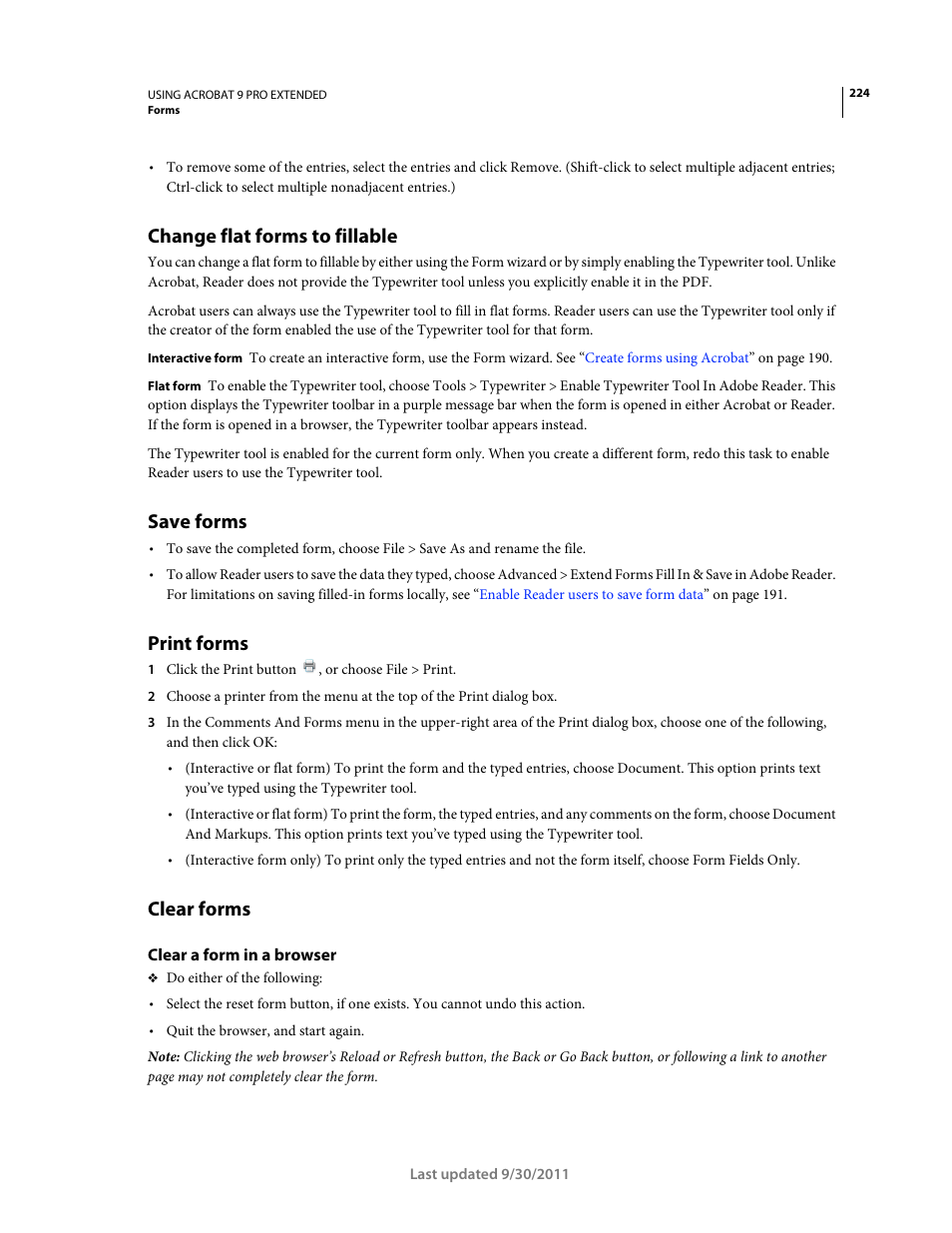 Change flat forms to fillable, Save forms, Print forms | Clear forms, Clear a form in a browser | Adobe Acrobat 9 PRO Extended User Manual | Page 230 / 546