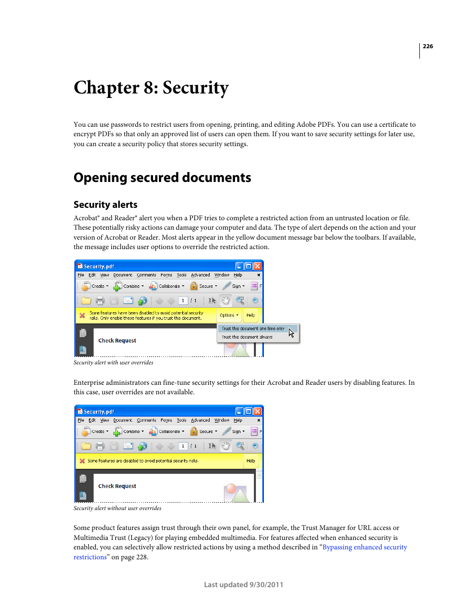 Chapter 8: security, Opening secured documents, Security alerts | Security | Adobe Acrobat 9 PRO Extended User Manual | Page 232 / 546