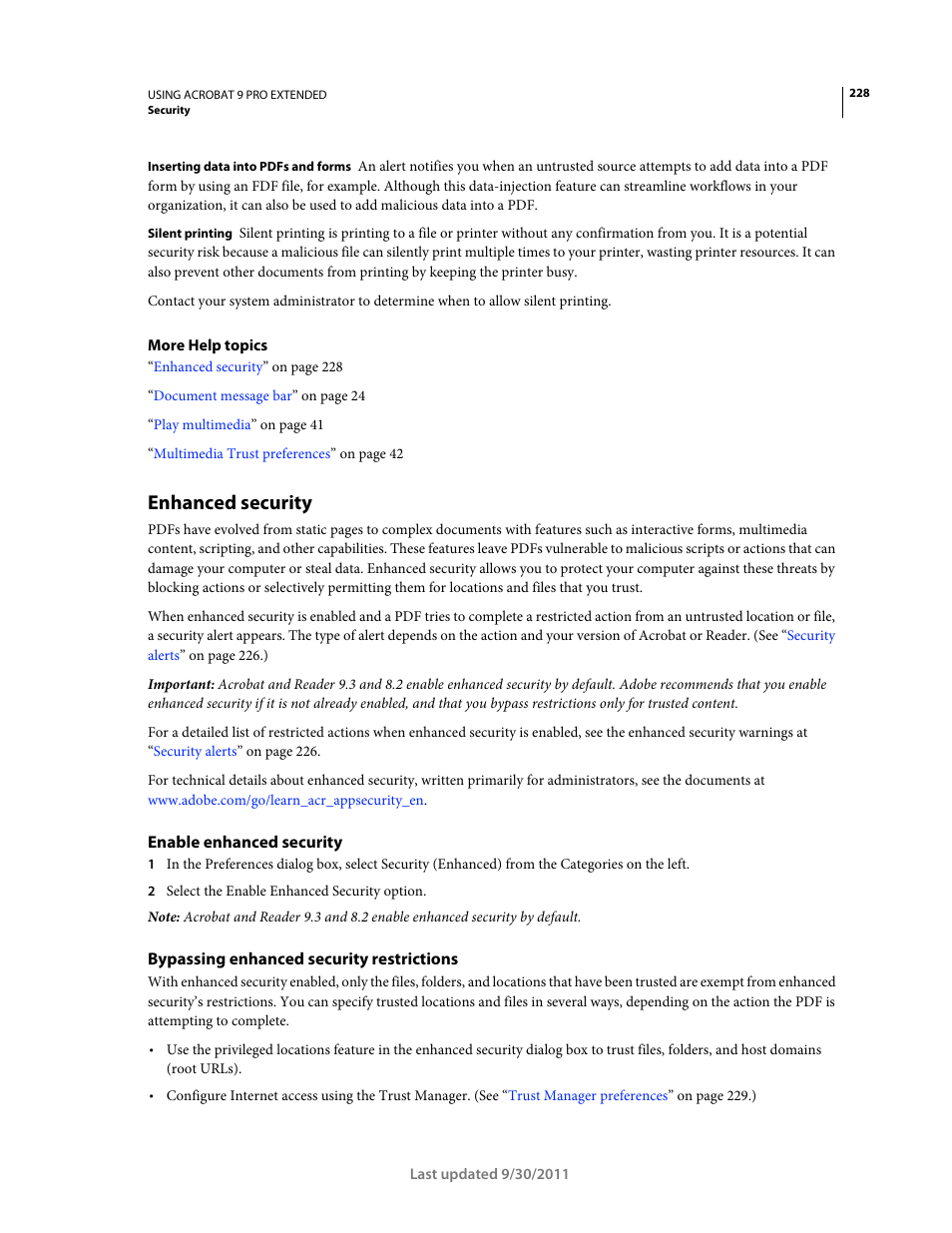 Enhanced security, Enable enhanced security, Bypassing enhanced security restrictions | Bypassing enhanced security, Restrictions | Adobe Acrobat 9 PRO Extended User Manual | Page 234 / 546