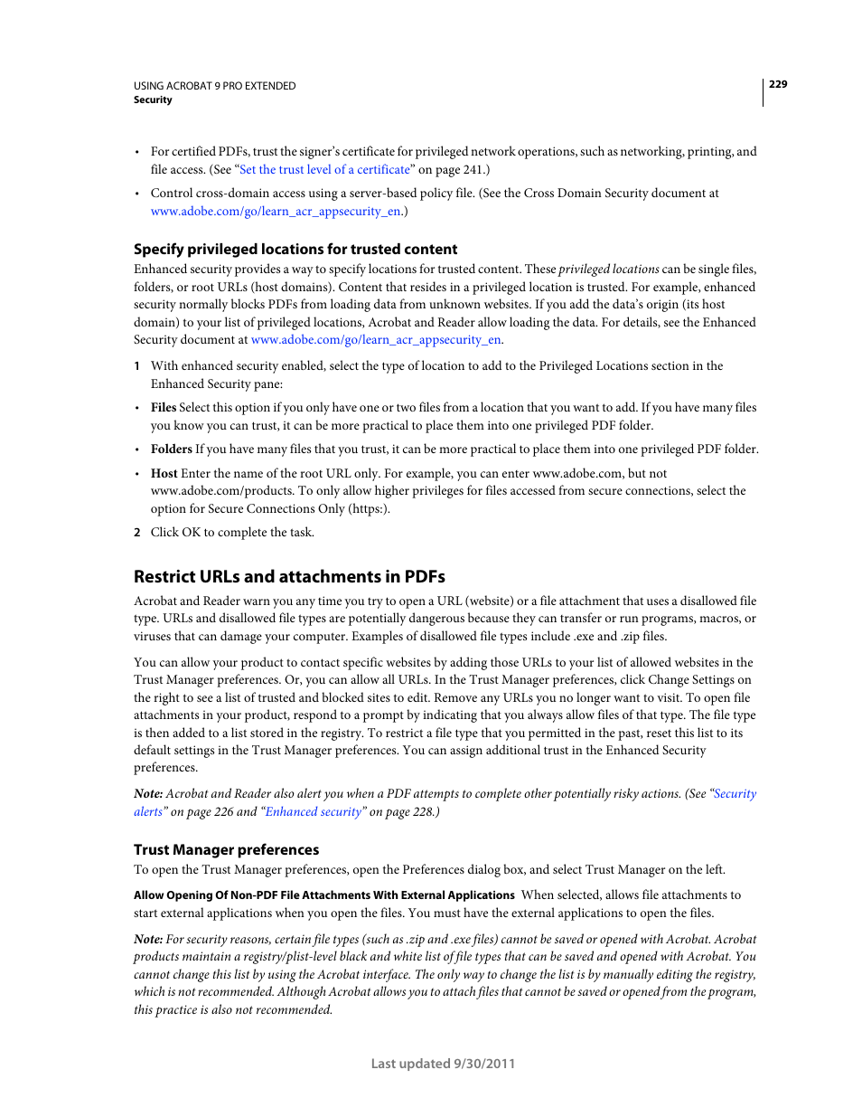 Specify privileged locations for trusted content, Restrict urls and attachments in pdfs, Trust manager preferences | Adobe Acrobat 9 PRO Extended User Manual | Page 235 / 546