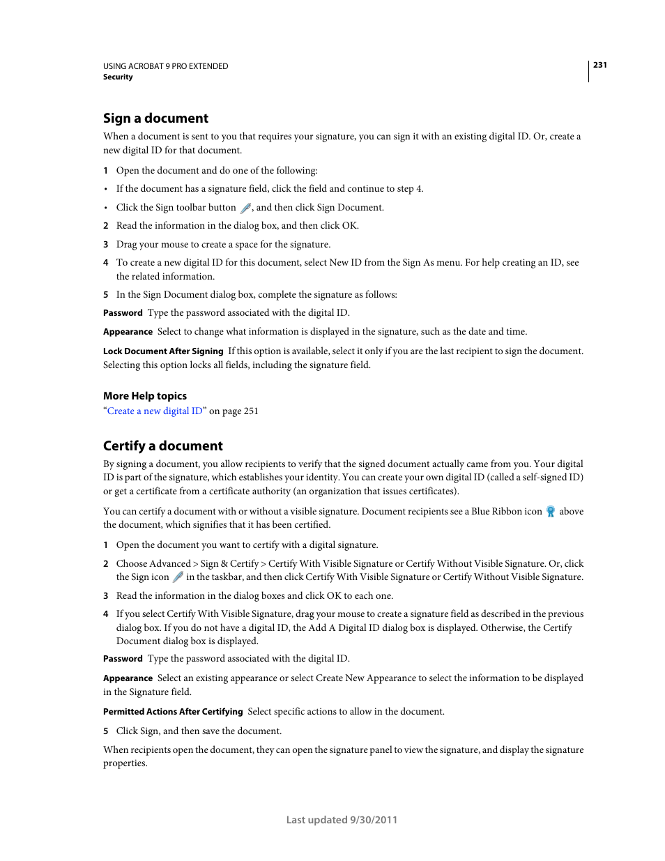 Sign a document, Certify a document | Adobe Acrobat 9 PRO Extended User Manual | Page 237 / 546