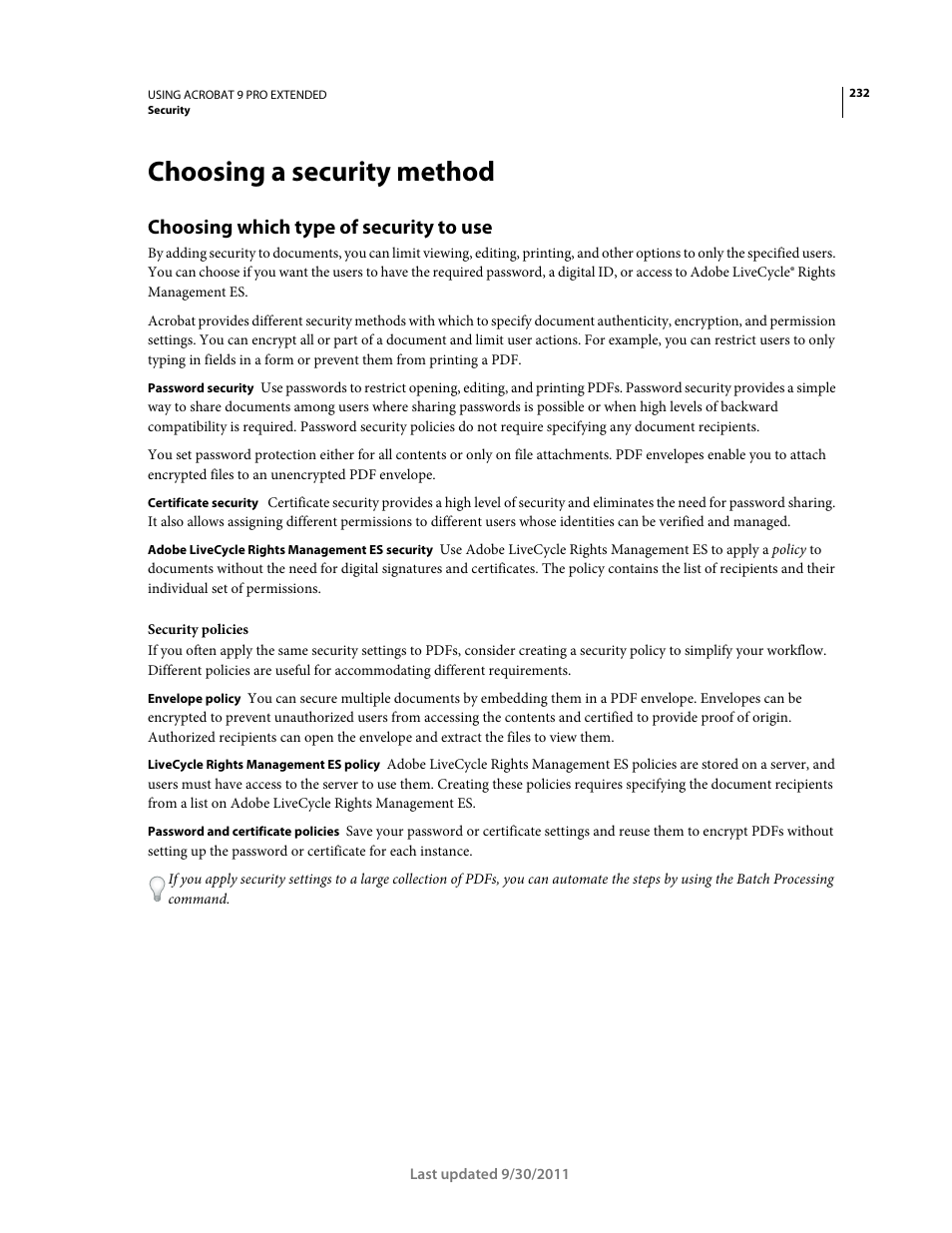 Choosing a security method, Choosing which type of security to use | Adobe Acrobat 9 PRO Extended User Manual | Page 238 / 546