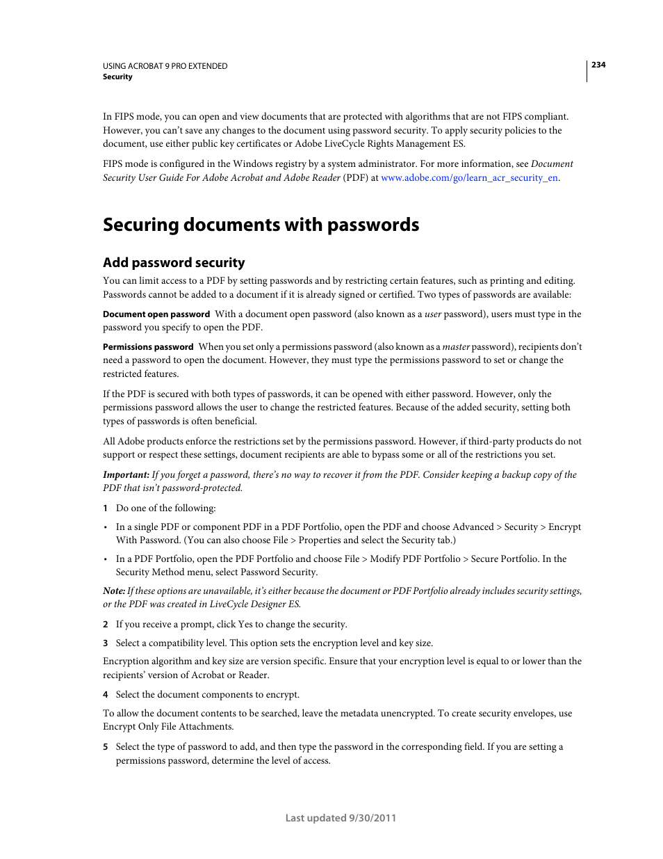 Securing documents with passwords, Add password security | Adobe Acrobat 9 PRO Extended User Manual | Page 240 / 546