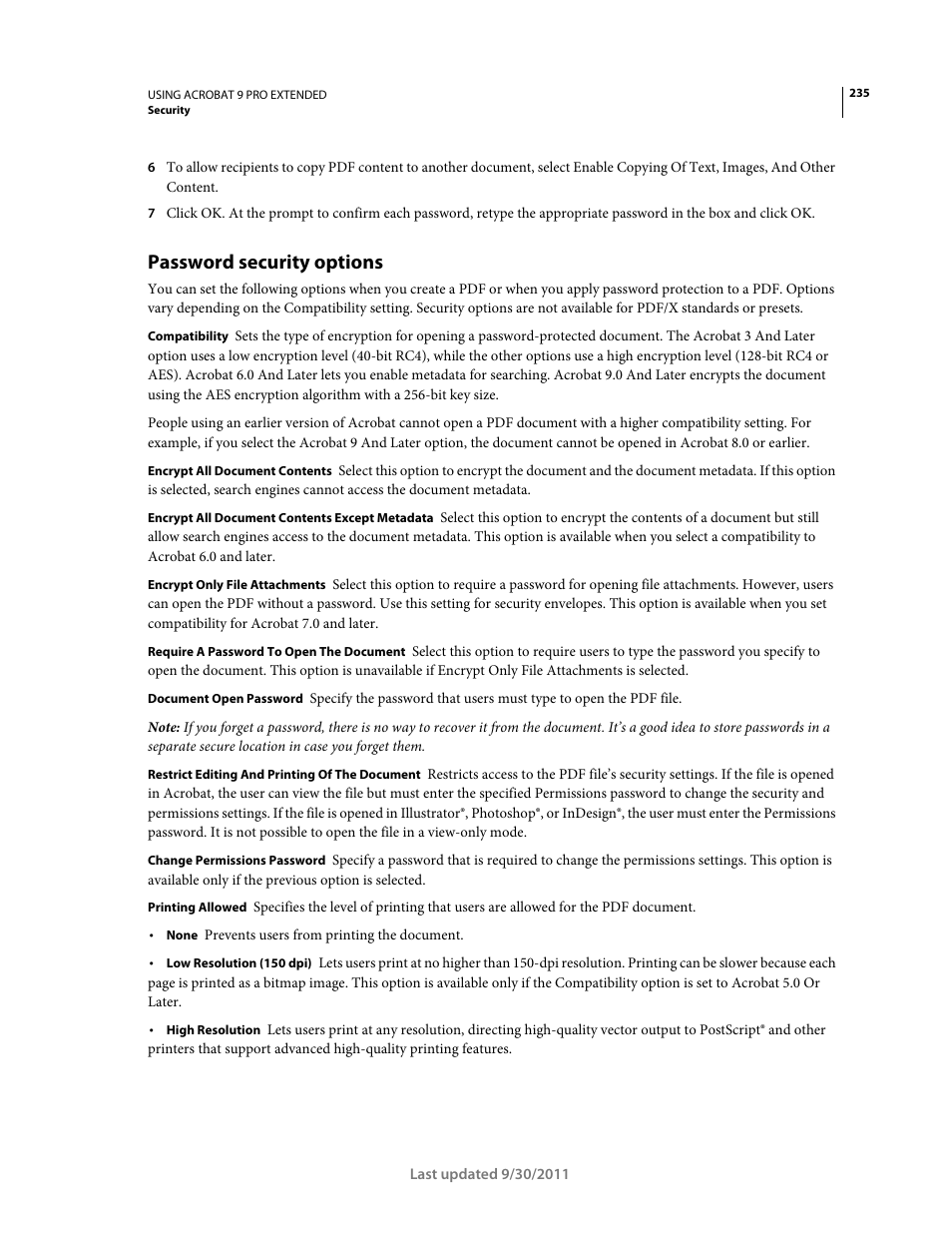 Password security options | Adobe Acrobat 9 PRO Extended User Manual | Page 241 / 546