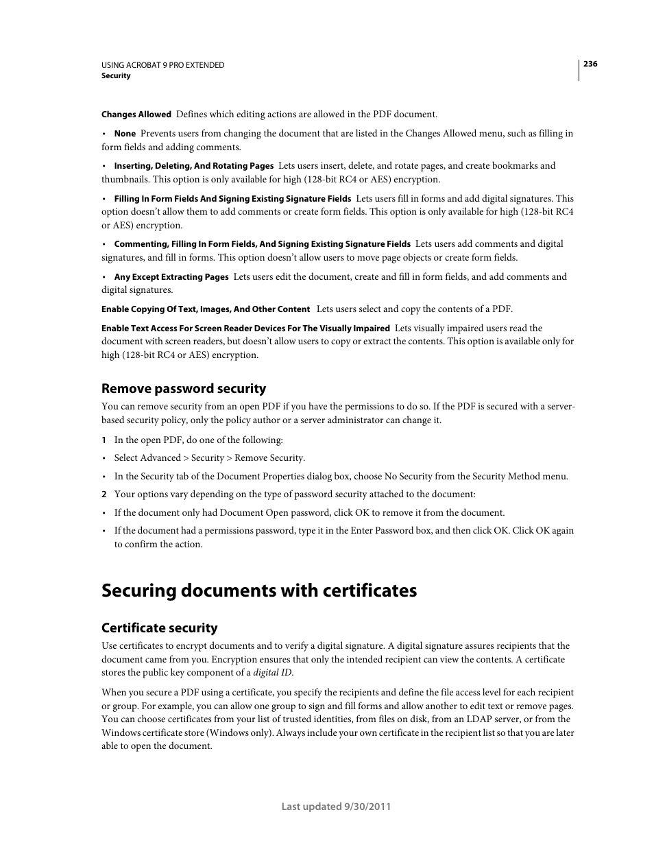 Remove password security, Securing documents with certificates, Certificate security | Adobe Acrobat 9 PRO Extended User Manual | Page 242 / 546