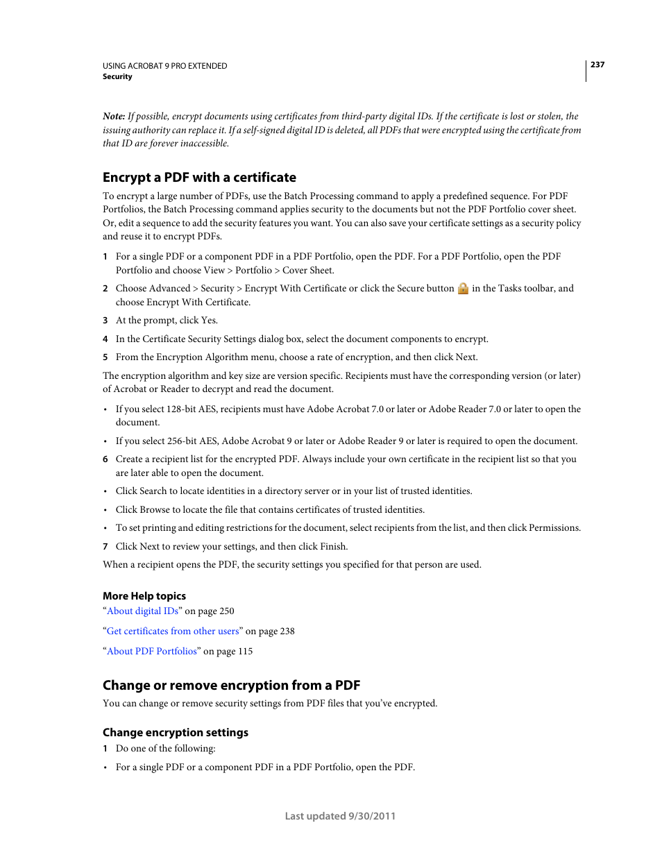 Encrypt a pdf with a certificate, Change or remove encryption from a pdf, Change encryption settings | Adobe Acrobat 9 PRO Extended User Manual | Page 243 / 546