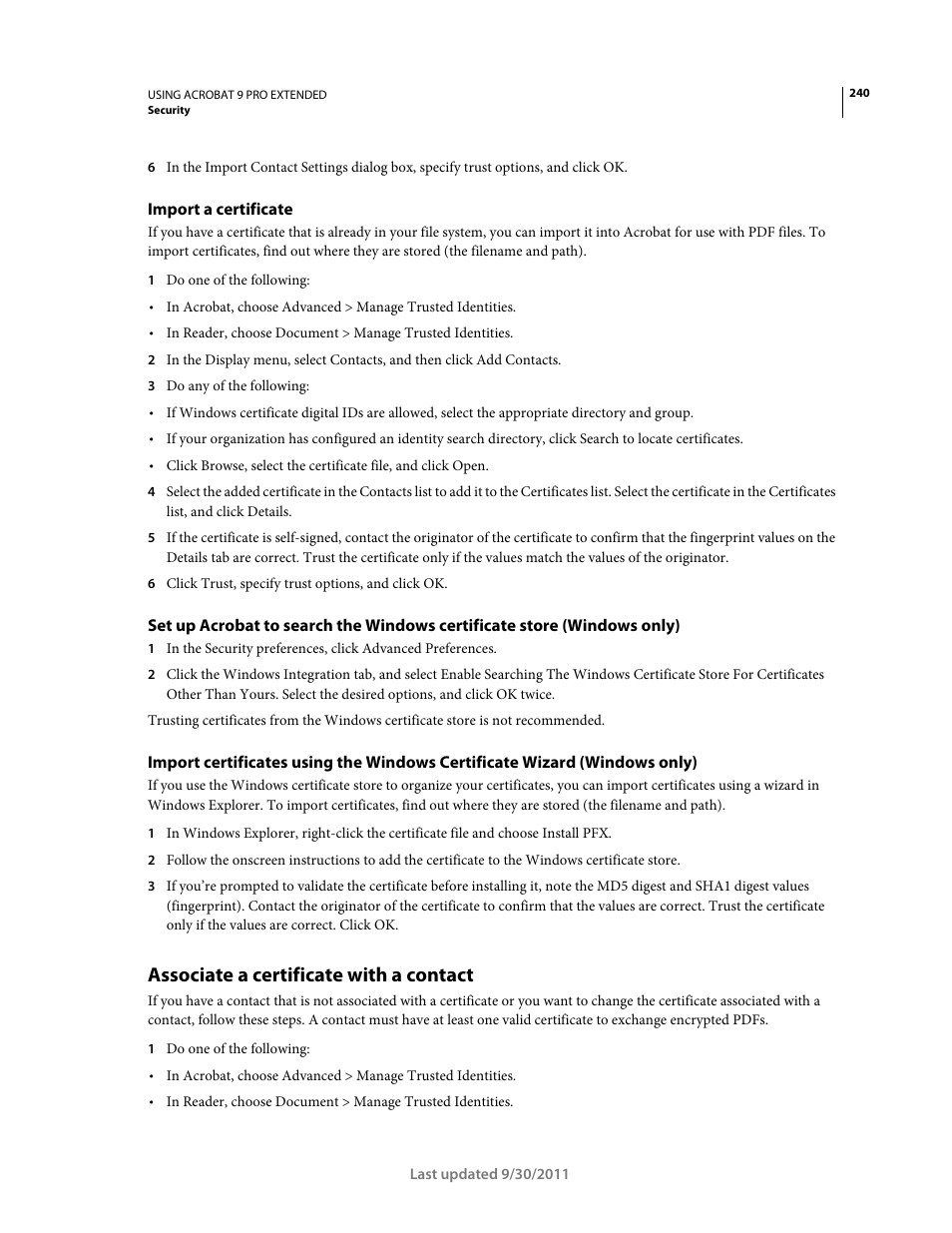 Import a certificate, Associate a certificate with a contact | Adobe Acrobat 9 PRO Extended User Manual | Page 246 / 546