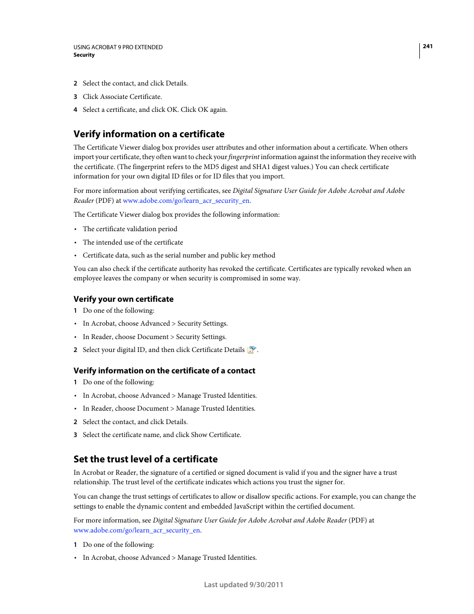 Verify information on a certificate, Verify your own certificate, Verify information on the certificate of a contact | Set the trust level of a certificate | Adobe Acrobat 9 PRO Extended User Manual | Page 247 / 546