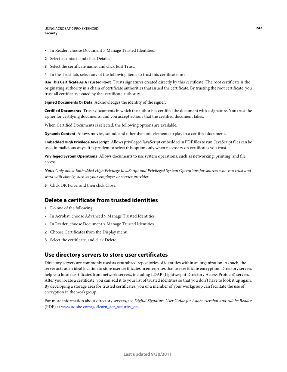 Delete a certificate from trusted identities, Use directory servers to store user certificates | Adobe Acrobat 9 PRO Extended User Manual | Page 248 / 546