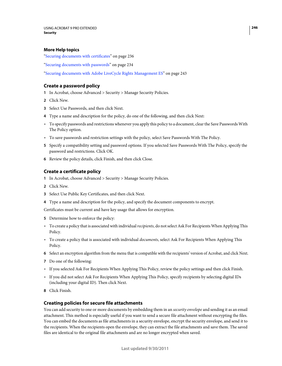 Create a password policy, Create a certificate policy, Creating policies for secure file attachments | Adobe Acrobat 9 PRO Extended User Manual | Page 252 / 546