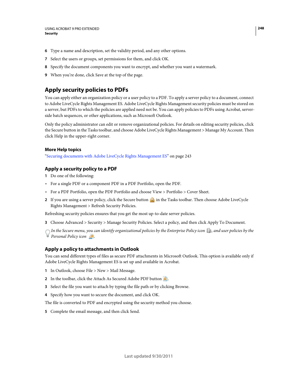 Apply security policies to pdfs, Apply a security policy to a pdf, Apply a policy to attachments in outlook | Adobe Acrobat 9 PRO Extended User Manual | Page 254 / 546