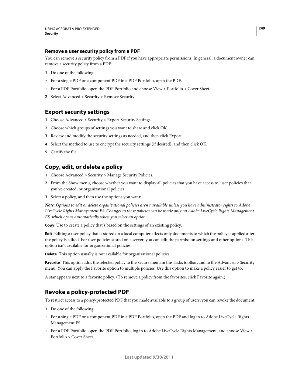 Remove a user security policy from a pdf, Export security settings, Copy, edit, or delete a policy | Revoke a policy-protected pdf | Adobe Acrobat 9 PRO Extended User Manual | Page 255 / 546