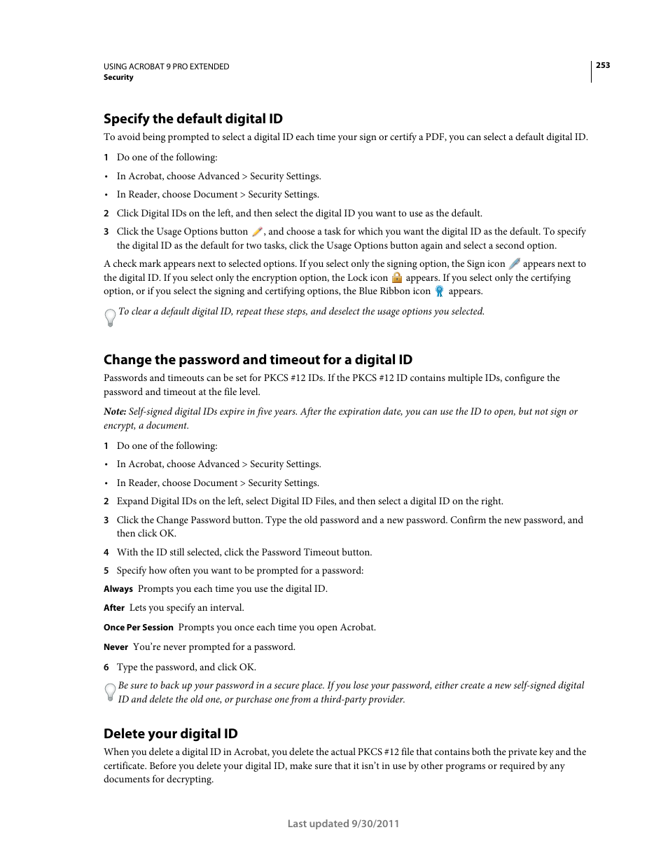 Specify the default digital id, Change the password and timeout for a digital id, Delete your digital id | Adobe Acrobat 9 PRO Extended User Manual | Page 259 / 546