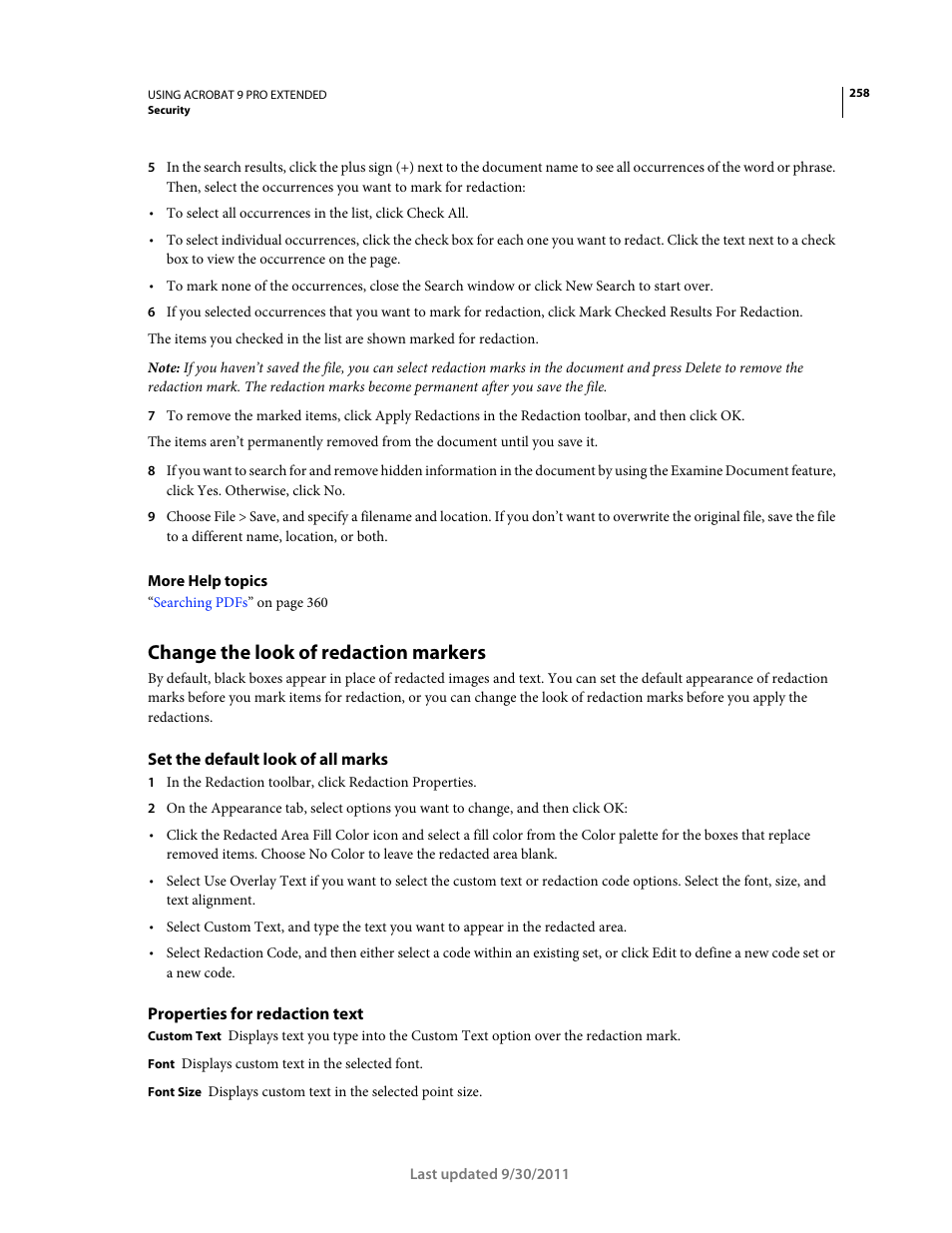 Change the look of redaction markers, Set the default look of all marks, Properties for redaction text | Adobe Acrobat 9 PRO Extended User Manual | Page 264 / 546