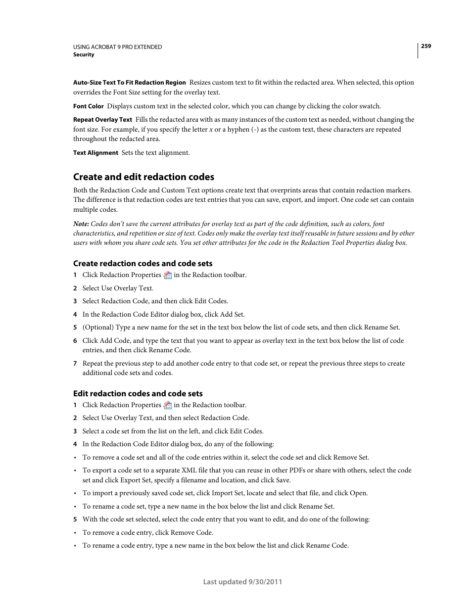 Create and edit redaction codes, Create redaction codes and code sets, Edit redaction codes and code sets | Adobe Acrobat 9 PRO Extended User Manual | Page 265 / 546