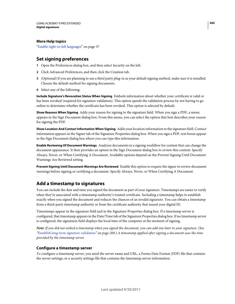 Set signing preferences, Add a timestamp to signatures, Configure a timestamp server | Adobe Acrobat 9 PRO Extended User Manual | Page 268 / 546